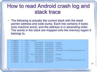 How to read Android crash log and
           stack trace
●   The following is actually the current stack with the stack
    pointer address and code dump. Each line contains 4 bytes
    (one machine word), and the address is in ascending order.
    The words in the stack are mapped onto the memory region it
    belongs to.

    I/DEBUG   (   730): stack:
    I/DEBUG   (   730):     beaf9898   00016618   [heap]
    I/DEBUG   (   730):     beaf989c   beaf98d0   [stack]
    I/DEBUG   (   730):     beaf98a0   0000db28   [heap]
    I/DEBUG   (   730):     beaf98a4   beaf98f8   [stack]
    I/DEBUG   (   730):     beaf98b8   8021cf4d   /system/lib/libhelixplayer.so
    I/DEBUG   (   730):     beaf98bc   80248f78
    I/DEBUG   (   730): #00 beaf98d8   0000d330   [heap]
    I/DEBUG   (   730):     beaf98dc   00000000
    I/DEBUG   (   730):     beaf98e0   0000d330   [heap]
    I/DEBUG   (   730):     beaf98e4   8021edcd   /system/lib/libhelixplayer.so
    I/DEBUG   (   730): #01 beaf98e8   80248f78
●                                                                                 20


●
 