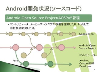Android Open Source Project(AOSP)が管理
• コントリビュータ、メーカーエンジニアが改善を提案したり、Forkして
  自社製品開発したり。

                                  ...