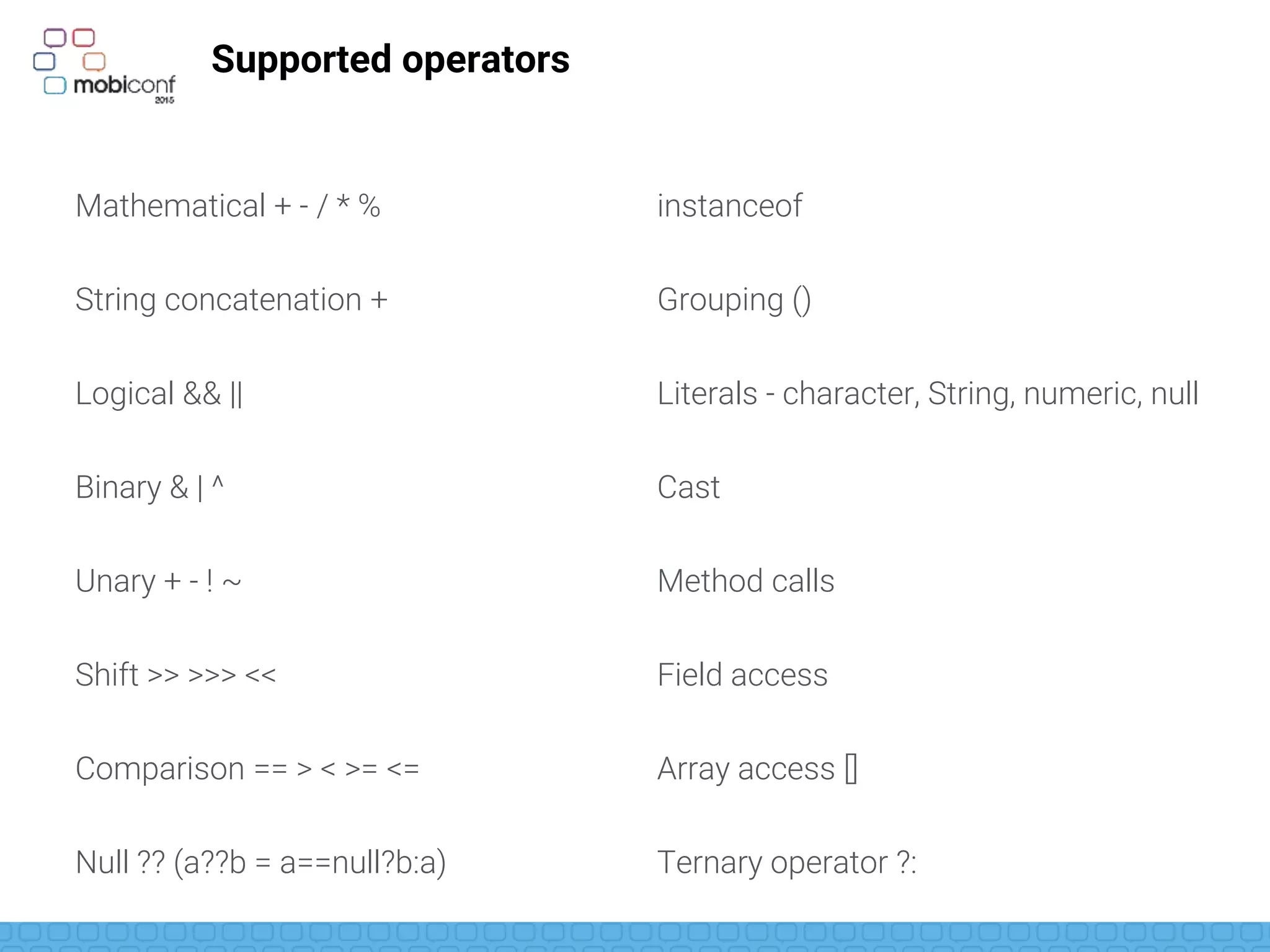 Supported operators
Mathematical + - / * %
String concatenation +
Logical && ||
Binary & | ^
Unary + - ! ~
Shift >> >>> <<
Comparison == > < >= <=
Null ?? (a??b = a==null?b:a)
instanceof
Grouping ()
Literals - character, String, numeric, null
Cast
Method calls
Field access
Array access []
Ternary operator ?:
 