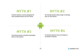 Myth #1                                        Myth #2
Android solutions must be designed for         An Android solution takes longer to develop
every possible device and form factor          than an iOS solution




        Myth #3                                         Myth #4
An Android solution should be developed        An Android solution has to be tested on
after an iOS solution                          hundreds of devices




                                          36
 