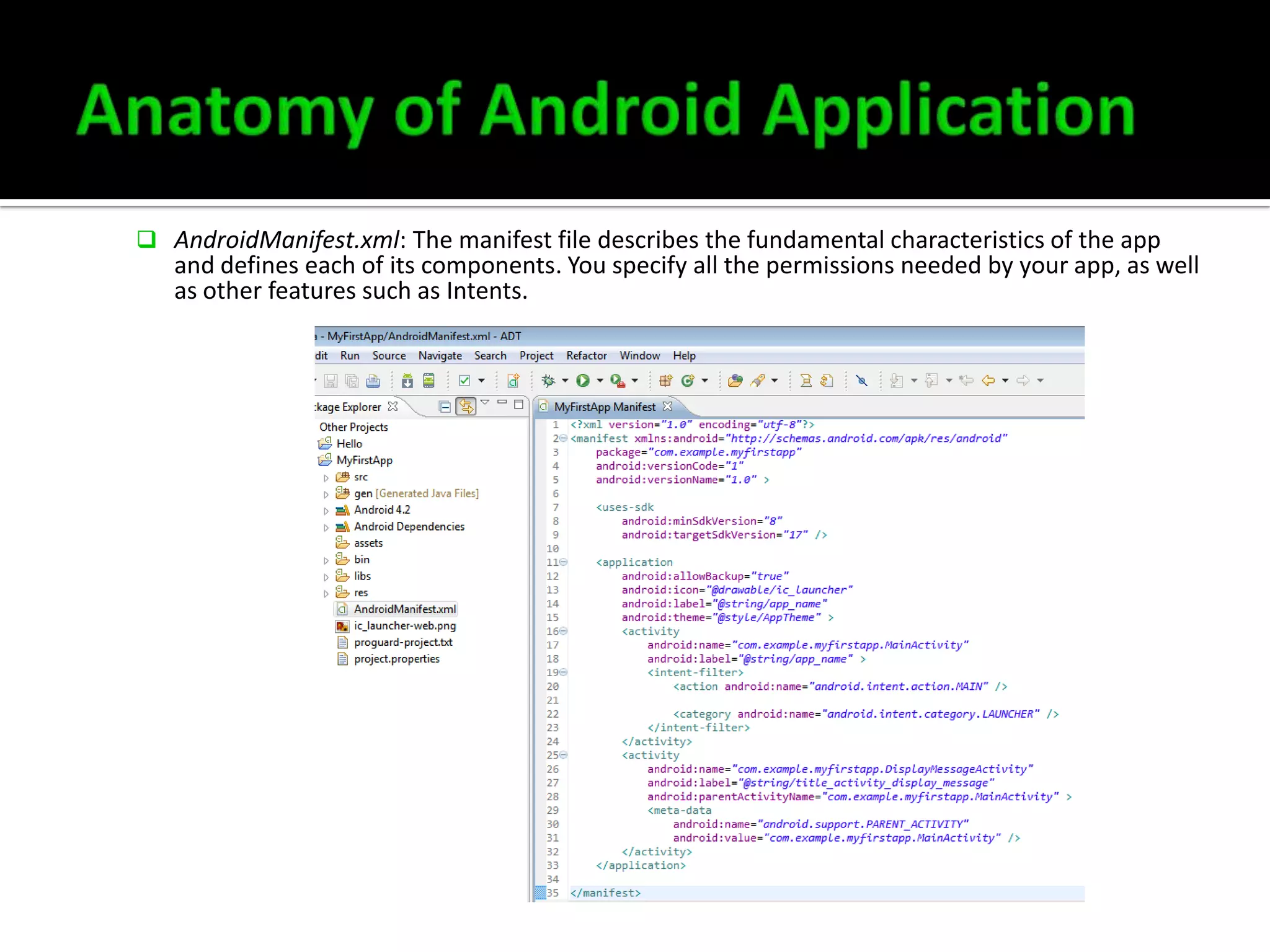  AndroidManifest.xml: The manifest file describes the fundamental characteristics of the app

and defines each of its components. You specify all the permissions needed by your app, as well
as other features such as Intents.

 