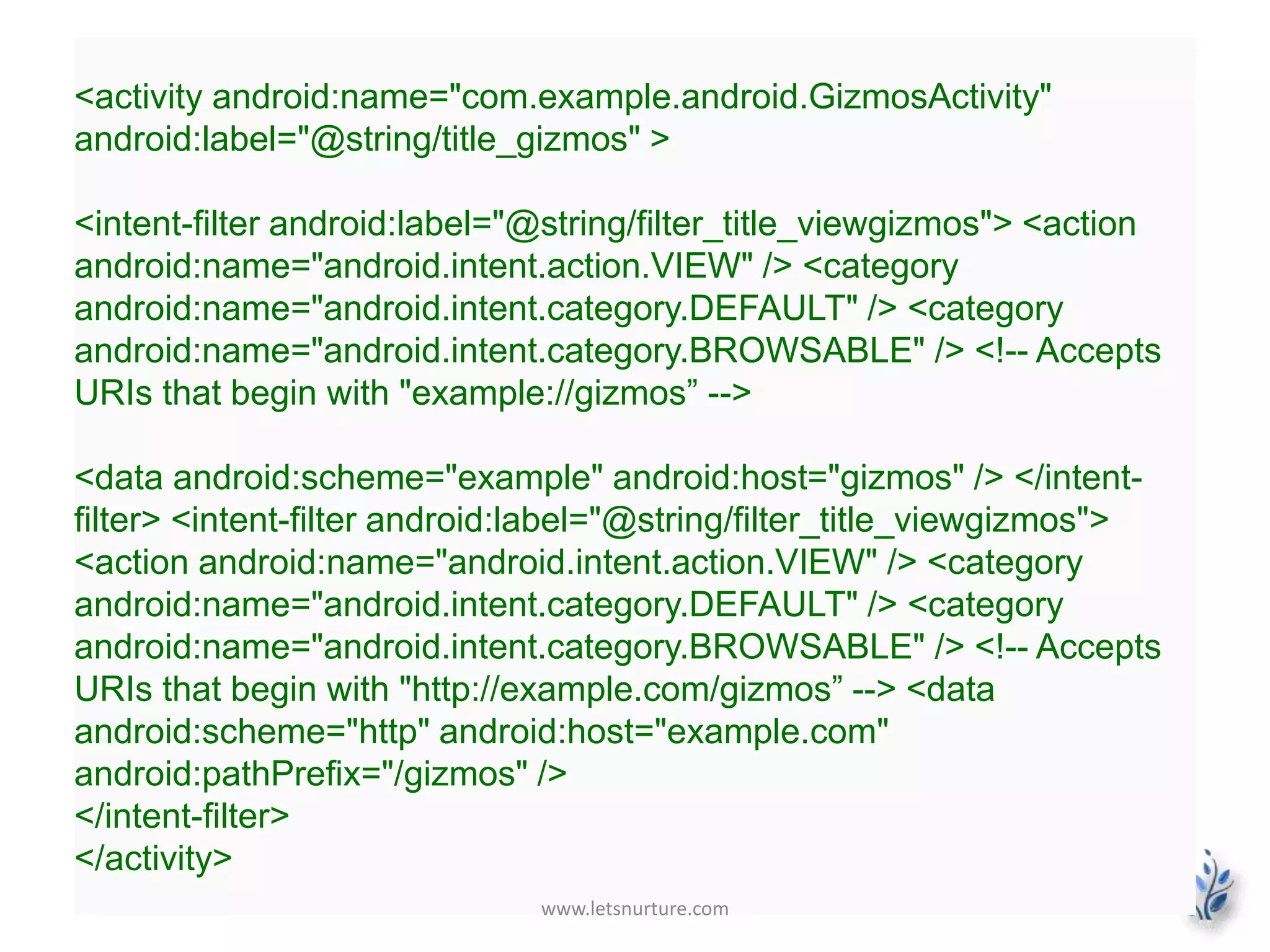 <activity android:name="com.example.android.GizmosActivity" 
android:label="@string/title_gizmos" > 
<intent-filter android:label="@string/filter_title_viewgizmos"> <action 
android:name="android.intent.action.VIEW" /> <category 
android:name="android.intent.category.DEFAULT" /> <category 
android:name="android.intent.category.BROWSABLE" /> <!-- Accepts 
URIs that begin with "example://gizmos” --> 
<data android:scheme="example" android:host="gizmos" /> </intent-filter> 
<intent-filter android:label="@string/filter_title_viewgizmos"> 
<action android:name="android.intent.action.VIEW" /> <category 
android:name="android.intent.category.DEFAULT" /> <category 
android:name="android.intent.category.BROWSABLE" /> <!-- Accepts 
URIs that begin with "http://example.com/gizmos” --> <data 
android:scheme="http" android:host="example.com" 
android:pathPrefix="/gizmos" /> 
</intent-filter> 
</activity> 
www.letsnurture.com 
 