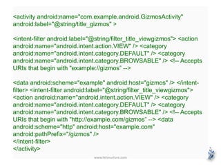 <activity android:name="com.example.android.GizmosActivity" 
android:label="@string/title_gizmos" > 
<intent-filter android:label="@string/filter_title_viewgizmos"> <action 
android:name="android.intent.action.VIEW" /> <category 
android:name="android.intent.category.DEFAULT" /> <category 
android:name="android.intent.category.BROWSABLE" /> <!-- Accepts 
URIs that begin with "example://gizmos” --> 
<data android:scheme="example" android:host="gizmos" /> </intent-filter> 
<intent-filter android:label="@string/filter_title_viewgizmos"> 
<action android:name="android.intent.action.VIEW" /> <category 
android:name="android.intent.category.DEFAULT" /> <category 
android:name="android.intent.category.BROWSABLE" /> <!-- Accepts 
URIs that begin with "http://example.com/gizmos” --> <data 
android:scheme="http" android:host="example.com" 
android:pathPrefix="/gizmos" /> 
</intent-filter> 
</activity> 
www.letsnurture.com 
 
