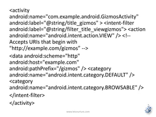 <activity 
android:name="com.example.android.GizmosActivity" 
android:label="@string/title_gizmos" > <intent-filter 
android:label="@string/filter_title_viewgizmos"> <action 
android:name="android.intent.action.VIEW" /> <!-- 
Accepts URIs that begin with 
"http://example.com/gizmos” --> 
<data android:scheme="http" 
android:host="example.com" 
android:pathPrefix="/gizmos" /> <category 
android:name="android.intent.category.DEFAULT" /> 
<category 
android:name="android.intent.category.BROWSABLE" /> 
</intent-filter> 
</activity> 
www.letsnurture.com 
 