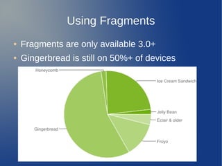 Using Fragments
●   Fragments are only available 3.0+
●   Gingerbread is still on 50%+ of devices
 