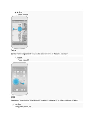  Action
         Press, wait, lift




Swipe
Scrolls overflowing content, or navigates between views in the same hierarchy.

       Action
         Press, move, lift




Drag
Rearranges data within a view, or moves data into a container (e.g. folders on Home Screen).

      Action
       Long press, move, lift
 