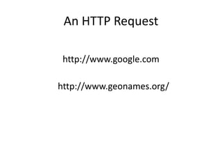 An HTTP Request
http://www.google.com
http://www.geonames.org/
 