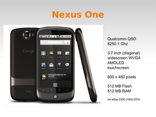 Nexus One Qualcomm QSD 8250 1 Ghz  3.7 inch (diagonal) widescreen WVGA AMOLED touchscreen  800 x 480 pixels 512 MB Flash 512 MB RAM На eBay £450 (7800 EEK) 