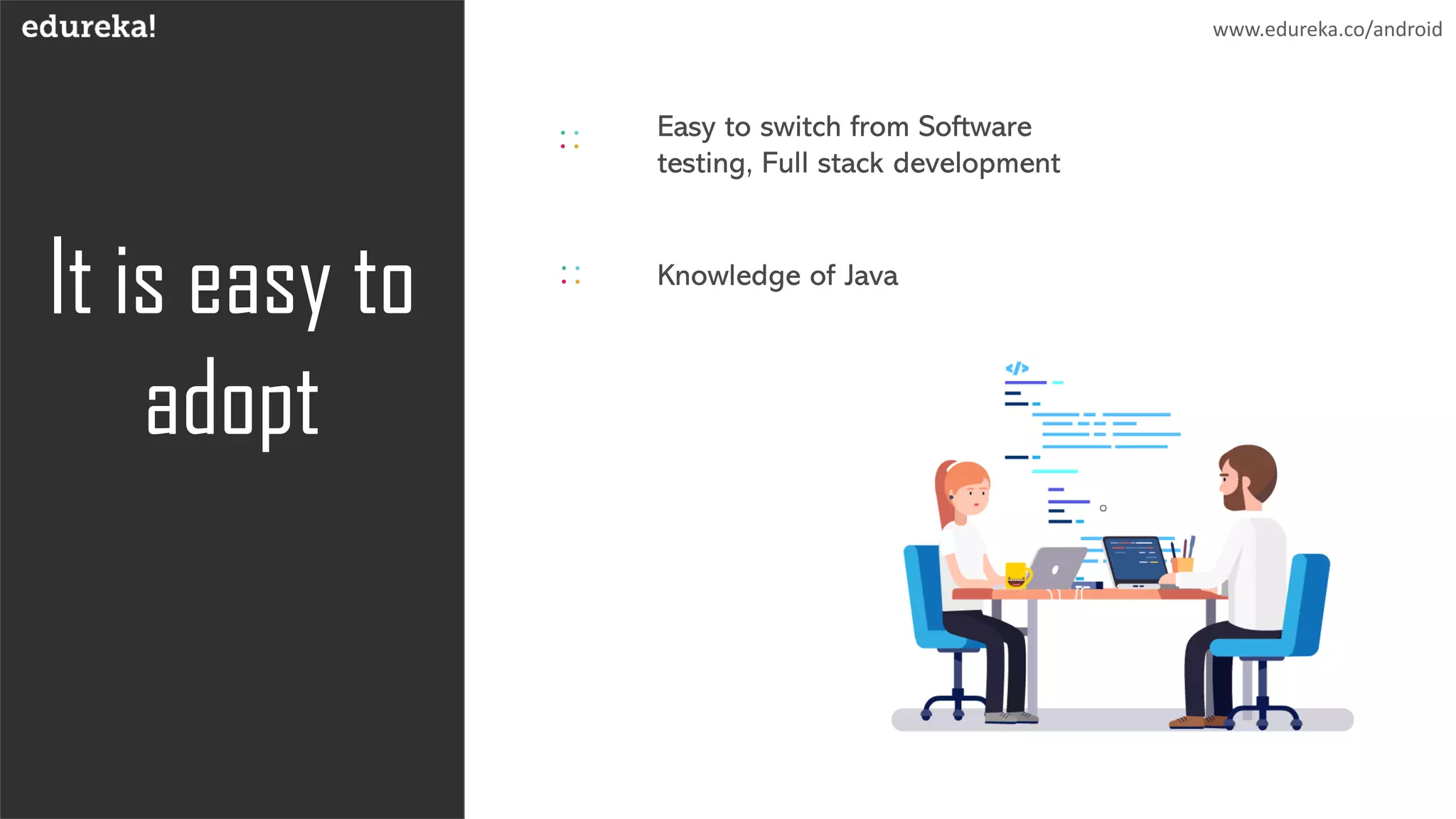 It is easy to
adopt
Knowledge of Java
Easy to switch from Software
testing, Full stack development
www.edureka.co/android
 