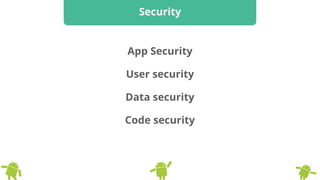 Security
App Security
User security
Data security
Code security
 