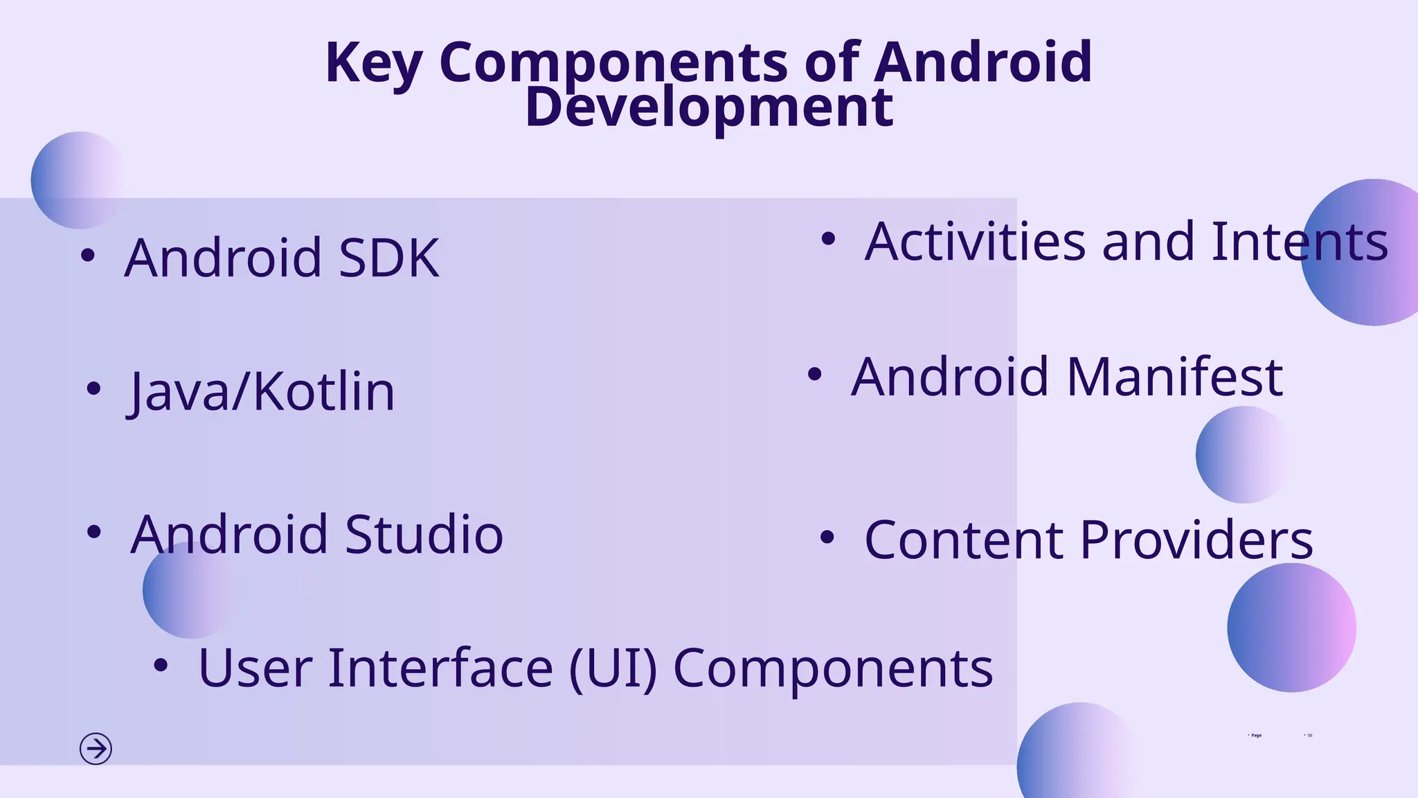 • Page • 06
Key Components of Android
Development
• Java/Kotlin
• Android SDK
• User Interface (UI) Components
• Activities and Intents
• Content Providers
• Android Studio
• Android Manifest
 
