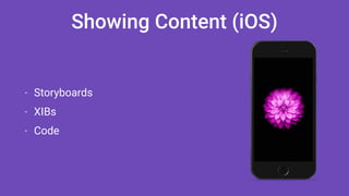 Showing Content (iOS)
- Storyboards
- XIBs
- Code
 