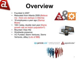 Overview
•   Founded in 2007
•   Relocated from Atlanta 2008 (Believe
    me - there are startups in Atlanta)
•   18 employees a year ago (Startup
    Blues)
•   100+ today, double next year (Same
    growth rate as India’s population?)
•   Mountain View HQ
•   Worldwide presence
•   VC Funded: Storm Ventures, Sierra
    Ventures, eBay (Lots of $$$)




                                           4
 