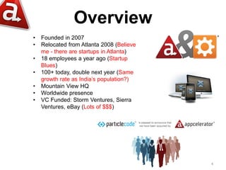 Overview
•   Founded in 2007
•   Relocated from Atlanta 2008 (Believe
    me - there are startups in Atlanta)
•   18 emplo...