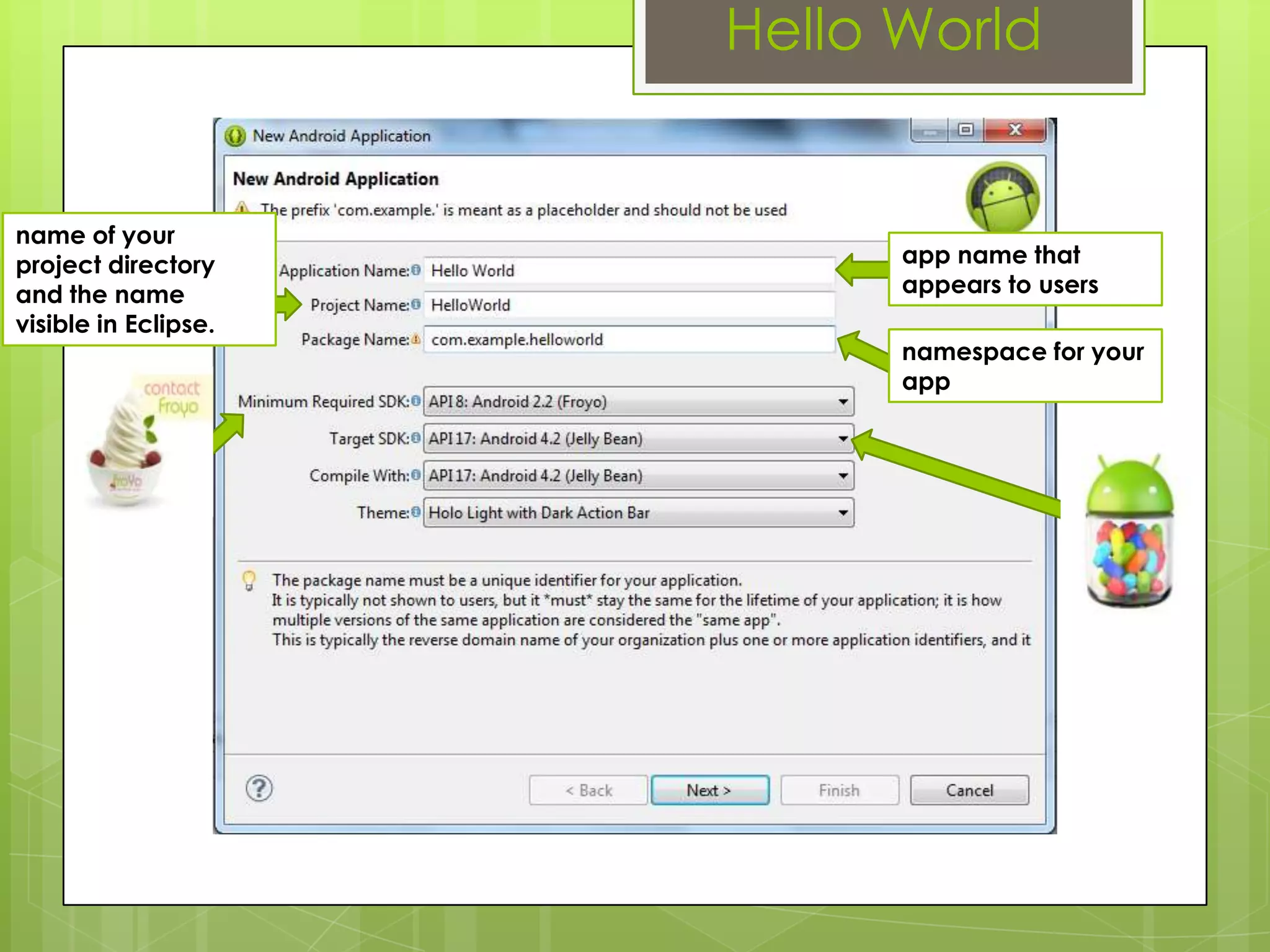 Hello World
app name that
appears to users
name of your
project directory
and the name
visible in Eclipse.
namespace for your
app
 
