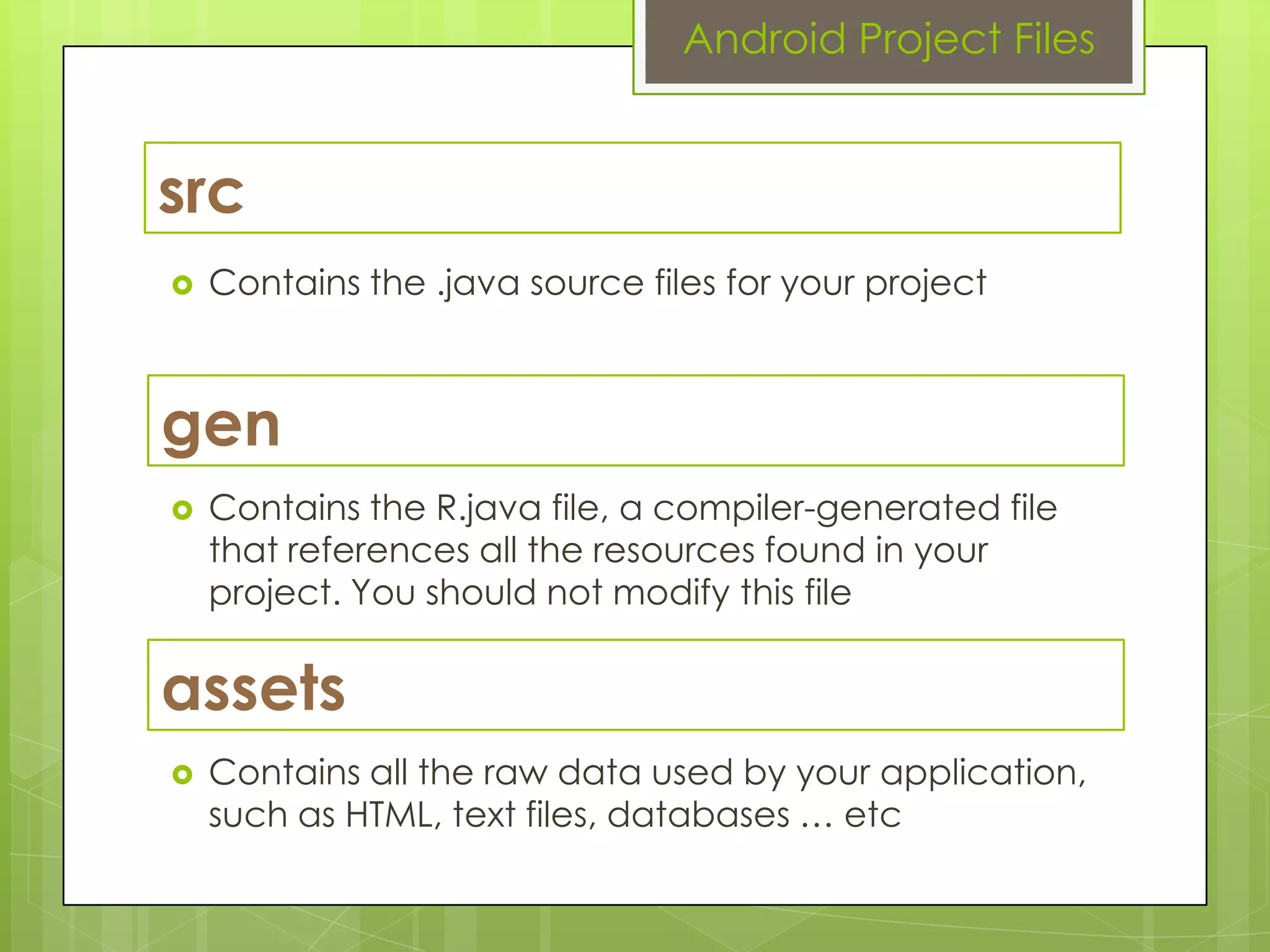 src
 Contains the .java source files for your project
Android Project Files
gen
 Contains the R.java file, a compiler-generated file
that references all the resources found in your
project. You should not modify this file
assets
 Contains all the raw data used by your application,
such as HTML, text files, databases … etc
 