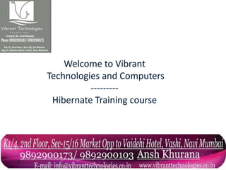 Welcome to Vibrant
Technologies and Computers
---------
Hibernate Training course
1
 
