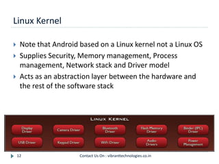 Linux Kernel
12
 Note that Android based on a Linux kernel not a Linux OS
 Supplies Security, Memory management, Process
management, Network stack and Driver model
 Acts as an abstraction layer between the hardware and
the rest of the software stack
Contact Us On : vibranttechnologies.co.in
 