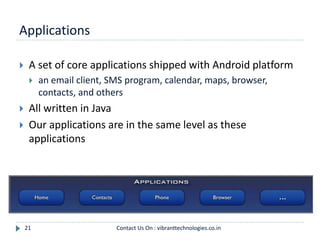 Applications
21
 A set of core applications shipped with Android platform
 an email client, SMS program, calendar, maps, browser,
contacts, and others
 All written in Java
 Our applications are in the same level as these
applications
Contact Us On : vibranttechnologies.co.in
 
