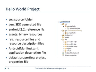 Hello World Project
30
 src: source folder
 gen: SDK generated file
 android 2.2: reference lib
 assets: binary resources
 res: resource files and
resource description files
 AndroidManifest.xml:
application description file
 default.properties: project
properties file
Contact Us On : vibranttechnologies.co.in
 