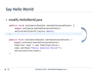 Say Hello World
31
 modify HelloWorld.java
Contact Us On : vibranttechnologies.co.in
 