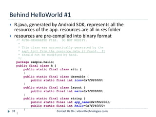 Behind HelloWorld #1
33
 R.java, generated by Android SDK, represents all the
resources of the app. resources are all in res folder
 resources are pre-compiled into binary format
/* AUTO-GENERATED FILE. DO NOT MODIFY.
*
* This class was automatically generated by the
* aapt tool from the resource data it found. It
* should not be modified by hand.
*/
package sample.hello;
public final class R {
public static final class attr {
}
public static final class drawable {
public static final int icon=0x7f020000;
}
public static final class layout {
public static final int main=0x7f030000;
}
public static final class string {
public static final int app_name=0x7f040001;
public static final int hello=0x7f040000;
}
}
Contact Us On : vibranttechnologies.co.in
 