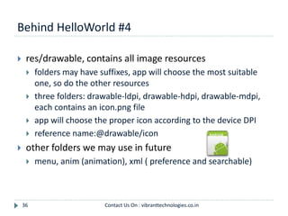 Behind HelloWorld #4
36
 res/drawable, contains all image resources
 folders may have suffixes, app will choose the most suitable
one, so do the other resources
 three folders: drawable-ldpi, drawable-hdpi, drawable-mdpi,
each contains an icon.png file
 app will choose the proper icon according to the device DPI
 reference name:@drawable/icon
 other folders we may use in future
 menu, anim (animation), xml ( preference and searchable)
Contact Us On : vibranttechnologies.co.in
 