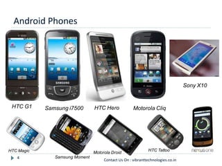 Android Phones
4
Motorola CliqHTC G1 HTC HeroSamsung i7500
Samsung Moment
Motorola DroidHTC Magic HTC Tattoo
Sony X10
Contact Us On : vibranttechnologies.co.in
 