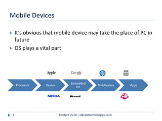 Mobile Devices
5
 It’s obvious that mobile device may take the place of PC in
future
 OS plays a vital part
Processor Device
Embedded
OS
Middleware Apps
Contact Us On : vibranttechnologies.co.in
 