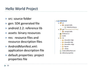 Hello World Project
33
 src: source folder
 gen: SDK generated file
 android 2.2: reference lib
 assets: binary resources
 res: resource files and
resource description files
 AndroidManifest.xml:
application description file
 default.properties: project
properties file
 