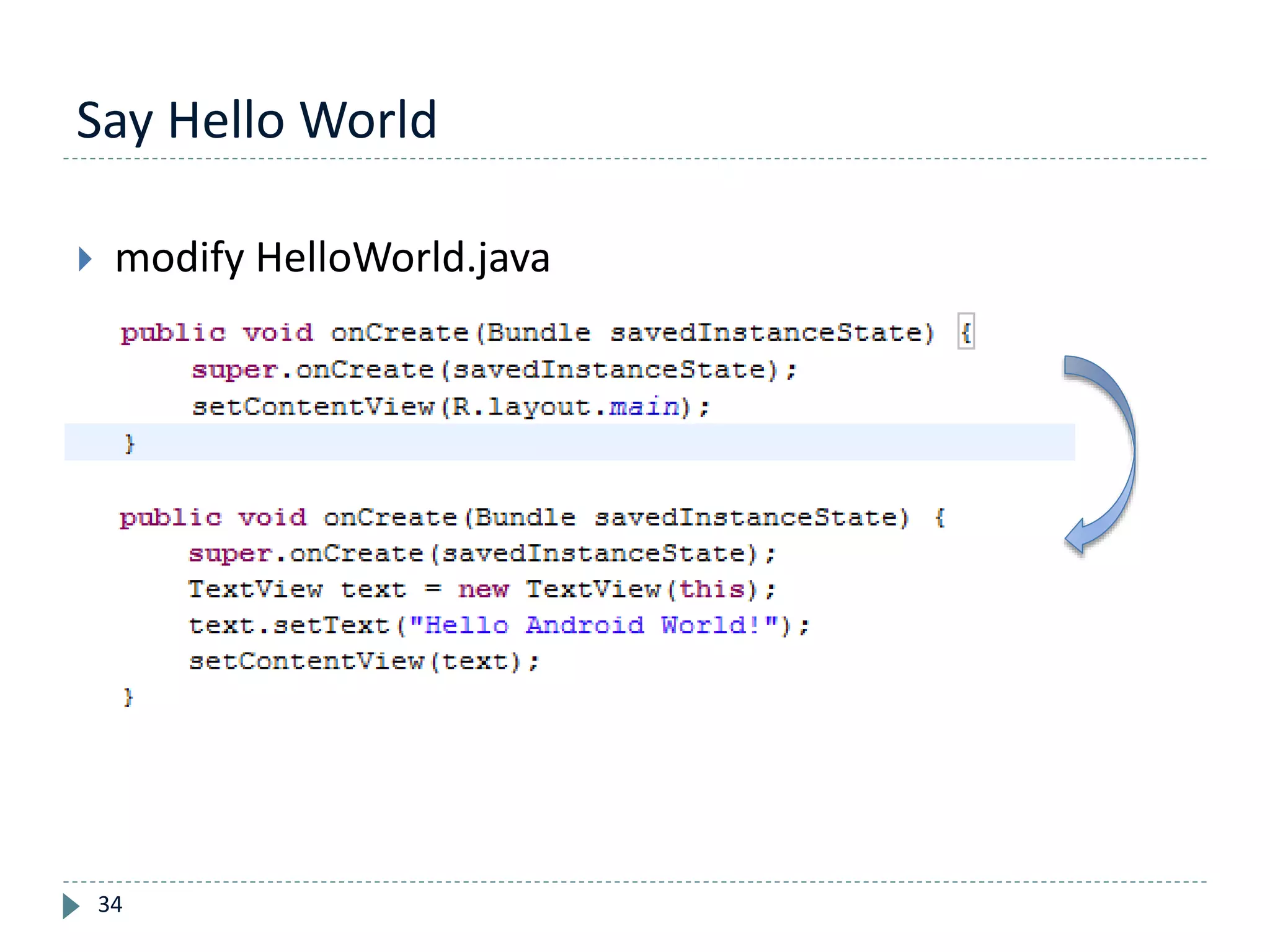 Say Hello World
34
 modify HelloWorld.java
 