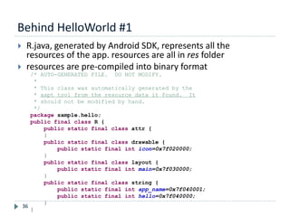 Behind HelloWorld #1
36
 R.java, generated by Android SDK, represents all the
resources of the app. resources are all in res folder
 resources are pre-compiled into binary format
/* AUTO-GENERATED FILE. DO NOT MODIFY.
*
* This class was automatically generated by the
* aapt tool from the resource data it found. It
* should not be modified by hand.
*/
package sample.hello;
public final class R {
public static final class attr {
}
public static final class drawable {
public static final int icon=0x7f020000;
}
public static final class layout {
public static final int main=0x7f030000;
}
public static final class string {
public static final int app_name=0x7f040001;
public static final int hello=0x7f040000;
}
}
 