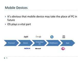Mobile Devices
5
 It’s obvious that mobile device may take the place of PC in
future
 OS plays a vital part
Processor Device
Embedded
OS
Middleware Apps
 