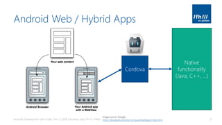 Android Web / Hybrid Apps
Android Development with Kotlin, Part 1 | 2018 | Andreas Jakl | FH St. Pölten 12
Cordova
Native
functionality
(Java, C++, …)
Image source: Google,
https://developer.android.com/guide/webapps/index.html
 