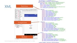 XML
Android Development with Kotlin, Part 1 | 2018 | Andreas Jakl | FH St. Pölten 31
<?xml version="1.0" encoding="utf-8"?>
<android.support.constraint.ConstraintLayout
xmlns:android="http://schemas.android.com/apk/res/android"
xmlns:app="http://schemas.android.com/apk/res-auto"
xmlns:tools="http://schemas.android.com/tools"
android:layout_width="match_parent"
android:layout_height="match_parent"
tools:context="com.andreasjakl.helloworld.MainActivity"
tools:layout_editor_absoluteY="81dp">
<TextView
android:id="@+id/textView"
android:layout_width="wrap_content"
android:layout_height="wrap_content"
android:layout_marginBottom="8dp"
android:layout_marginEnd="8dp"
android:layout_marginStart="8dp"
android:layout_marginTop="8dp"
android:text="Hello World!"
app:layout_constraintBottom_toBottomOf="parent"
app:layout_constraintEnd_toEndOf="parent"
app:layout_constraintStart_toStartOf="parent"
app:layout_constraintTop_toTopOf="parent" />
<ImageView
android:id="@+id/imageView"
android:layout_width="wrap_content"
android:layout_height="wrap_content"
android:layout_marginEnd="8dp"
android:layout_marginStart="8dp"
android:layout_marginTop="8dp"
app:layout_constraintEnd_toEndOf="@+id/textView"
app:layout_constraintStart_toStartOf="@+id/textView"
app:layout_constraintTop_toBottomOf="@+id/textView"
app:srcCompat="@android:drawable/btn_star_big_on" />
<Button
android:id="@+id/button"
android:layout_width="wrap_content"
android:layout_height="wrap_content"
android:layout_marginEnd="8dp"
android:layout_marginTop="8dp"
android:text="Button"
app:layout_constraintEnd_toEndOf="@+id/imageView"
app:layout_constraintStart_toStartOf="@+id/imageView"
app:layout_constraintTop_toBottomOf="@+id/imageView" />
</android.support.constraint.ConstraintLayout>
TextView
ImageView
Button
 