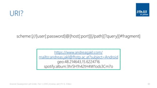 URI?
Android Development with Kotlin, Part 1 | 2018 | Andreas Jakl | FH St. Pölten 88
scheme:[//[user[:password]@]host[:port]][/path][?query][#fragment]
https://www.andreasjakl.com/
mailto:andreas.jakl@fhstp.ac.at?subject=Android
geo:48.214643,15.6224716
spotify:album:3hrSH1h42tH4W1ods3Cm7o
 
