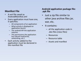 Android application package file:
Manifest File                            .apk file
• A xml file saved as                    • Just a zip file similar to
  AndroidManifest.xml
• Every application must have one,         other java archive files jar,
  it specifies:                            war, etc.
    – All components of an application
    – What activity is displayed on      • It contains:
      application launch
                                            – all the application code in
    – The android API the application
      requires                                .dex files (class files)
    – The permissions the application       – Resources
      has (sdcard read/write,
      networking, etc.)                     – Resource table
• Each activity added to the                – Assets and manifest
  application must be declared in
  the manifest file
 