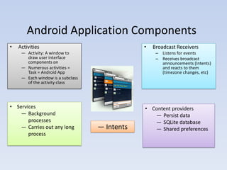Android Application Components
•   Activities                                 •   Broadcast Receivers
     — Activity: A window to                        – Listens for events
       draw user interface                          – Receives broadcast
       components on                                  announcements (Intents)
     — Numerous activities =                          and reacts to them
       Task = Android App                             (timezone changes, etc)
     — Each window is a subclass
       of the activity class




• Services                                     • Content providers
    — Background                                  — Persist data
       processes                                  — SQLite database
    — Carries out any long         ― Intents      — Shared preferences
       process
 
