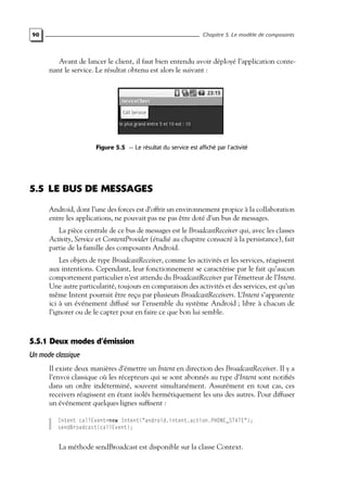 90 Chapitre 5. Le modèle de composants
Avant de lancer le client, il faut bien entendu avoir déployé l’application conte-
nant le service. Le résultat obtenu est alors le suivant :
Figure 5.5 — Le résultat du service est affiché par l’activité
5.5 LE BUS DE MESSAGES
Android, dont l’une des forces est d’offrir un environnement propice à la collaboration
entre les applications, ne pouvait pas ne pas être doté d’un bus de messages.
La pièce centrale de ce bus de messages est le BroadcastReceiver qui, avec les classes
Activity, Service et ContentProvider (étudié au chapitre consacré à la persistance), fait
partie de la famille des composants Android.
Les objets de type BroadcastReceiver, comme les activités et les services, réagissent
aux intentions. Cependant, leur fonctionnement se caractérise par le fait qu’aucun
comportement particulier n’est attendu du BroadcastReceiver par l’émetteur de l’Intent.
Une autre particularité, toujours en comparaison des activités et des services, est qu’un
même Intent pourrait être reçu par plusieurs BroadcastReceivers. L’Intent s’apparente
ici à un événement diffusé sur l’ensemble du système Android ; libre à chacun de
l’ignorer ou de le capter pour en faire ce que bon lui semble.
5.5.1 Deux modes d’émission
Un mode classique
Il existe deux manières d’émettre un Intent en direction des BroadcastReceiver. Il y a
l’envoi classique où les récepteurs qui se sont abonnés au type d’Intent sont notifiés
dans un ordre indéterminé, souvent simultanément. Assurément en tout cas, ces
receivers réagissent en étant isolés hermétiquement les uns des autres. Pour diffuser
un événement quelques lignes suffisent :
Intent callEvent=new Intent("android.intent.action.PHONE_STATE");
sendBroadcast(callEvent);
La méthode sendBroadcast est disponible sur la classe Context.
 