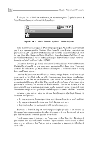 136 Chapitre 7. Fonctions IHM poussées
À chaque clic, le level est incrémenté, en recommençant à 0 après le niveau 4.
Ainsi l’image changera à chaque fois de couleur :
Figure 7.13 — LevelListDrawable à la position 1 (l’étoile est jaune)
Si les nombreux sous types de Drawable proposés par Android ne conviennent
pas, il sera toujours possible d’utiliser ShapeDrawable pour dessiner des primitives
graphiques en 2D. ShapeDrawable fonctionne en passant à son constructeur un objet
de type Shape (RectShape, ArcShape, OvalShape, RoundRectShape, PathShape...) puis
en paramétrant le rendu par les méthodes basiques de Drawable ou l’objet Paint (ex :
drawable.getPaint().setColor(Color.GRAY)).
Un dernier drawable qui mérite absolument d’être connu est NinePatchDrawable.
Un NinePatchDrawable est une image png, reconnaissable à l’extension .9.png, qui
contient des indications qu’Android saura utiliser pour la redimensionner et pour y
loger un élément interne.
L’intérêt du NinePatchDrawable est de servir d’image de fond à un bouton qui
pourra avoir un libellé de taille variable. Contrairement à une image png classique,
l’étirement ne se fera pas uniformément dans toutes les directions mais sur des
segments préalablement identifiés. Un exemple évident d’usage d’une image nine
patch est la création d’un bouton aux bords arrondis. Pour un tel bouton, il n’est
pas souhaitable que le redimensionnement touche aux quatre coins : ceux-ci devront
demeurer inchangés et cela quelle que soit la longueur du texte à afficher à l’intérieur.
Le terme « nine patch » vient du fait que dans l’exemple plus haut, l’image est
divisée en neuf parties :
• les quatre coins ne bougent pas, ils ne sont ni agrandissables ni rétrécissables ;
• les quatre côtés entre les coins sont étirés dans un seul axe ;
• la zone du milieu est redimensionnable dans les deux axes.
Toutefois, le format 9.png est beaucoup plus souple que cela. Il est possible de
déterminer les zones pouvant être étendues librement, et il peut donc tout à fait avoir
plus de neuf sections comme il peut en avoir moins.
Pour fixer ces zones, il faut tracer sur l’image une bordure d’un pixel d’épaisseur à
gauche et en haut pour indiquer les points où l’agrandissement pourra se faire. Android
vient avec un utilitaire « draw9patch » (qui se trouve dans le répertoire tools) aidant à
cette tâche :
 