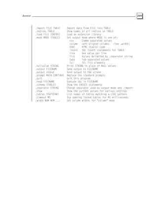 Annexe 209
.import FILE TABLE Import data from FILE into TABLE
.indices TABLE Show names of all indices on TABLE
.load FILE ?ENTRY? Load an extension library
.mode MODE ?TABLE? Set output mode where MODE is one of:
csv Comma-separated values
column Left-aligned columns. (See .width)
html HTML <table> code
insert SQL insert statements for TABLE
line One value per line
list Values delimited by .separator string
tabs Tab-separated values
tcl TCL list elements
.nullvalue STRING Print STRING in place of NULL values
.output FILENAME Send output to FILENAME
.output stdout Send output to the screen
.prompt MAIN CONTINUE Replace the standard prompts
.quit Exit this program
.read FILENAME Execute SQL in FILENAME
.schema ?TABLE? Show the CREATE statements
.separator STRING Change separator used by output mode and .import
.show Show the current values for various settings
.tables ?PATTERN? List names of tables matching a LIKE pattern
.timeout MS Try opening locked tables for MS milliseconds
.width NUM NUM ... Set column widths for "column" mode
 