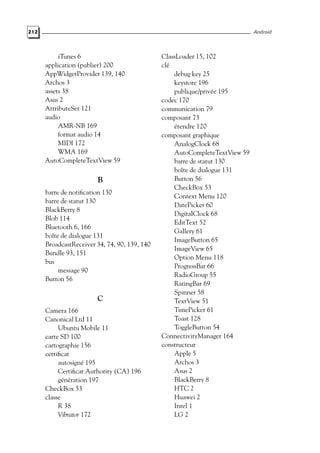 212 Android
iTunes 6
application (publier) 200
AppWidgetProvider 139, 140
Archos 3
assets 38
Asus 2
AttributeSet 121
audio
AMR-NB 169
format audio 14
MIDI 172
WMA 169
AutoCompleteTextView 59
B
barre de notification 130
barre de statut 130
BlackBerry 8
Blob 114
Bluetooth 6, 166
boîte de dialogue 131
BroadcastReceiver 34, 74, 90, 139, 140
Bundle 93, 151
bus
message 90
Button 56
C
Camera 166
Canonical Ltd 11
Ubuntu Mobile 11
carte SD 100
cartographie 156
certificat
autosigné 195
Certificat Authority (CA) 196
génération 197
CheckBox 53
classe
R 38
Vibrator 172
ClassLoader 15, 102
clé
debug key 25
keystore 196
publique/privée 195
codec 170
communication 79
composant 73
étendre 120
composant graphique
AnalogClock 68
AutoCompleteTextView 59
barre de statut 130
boîte de dialogue 131
Button 56
CheckBox 53
Context Menu 120
DatePicker 60
DigitalClock 68
EditText 52
Gallery 61
ImageButton 65
ImageView 65
Option Menu 118
ProgressBar 66
RadioGroup 55
RatingBar 69
Spinner 58
TextView 51
TimePicker 61
Toast 128
ToggleButton 54
ConnectivityManager 164
constructeur
Apple 5
Archos 3
Asus 2
BlackBerry 8
HTC 2
Huawei 2
Intel 1
LG 2
 
