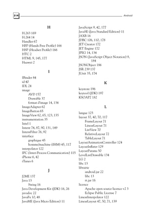 214 Android
H
H.263 169
H.264 14
Handler 67
HFP (Hands-Free Profile) 166
HSP (Headset Profile) 166
HTC 2
HTML 9, 145, 177
Huawei 2
I
IBinder 84
id 40
IDL 24
image
AVD 157
Drawable 37
format d’image 14, 134
ImageAdapter 62
ImageButton 65
ImageView 62, 65, 123, 135
instrumentation 35
Intel 1
Intent 74, 87, 90, 131, 149
IntentFilter 76, 92
interface
graphique 45
homme/machine (IHM) 45, 117
interpolator 122
IPC (Inter-Process Communication) 115
iPhone 6, 42
iTunes 6
J
J2ME 137
Java 13
Swing 16
Java Development Kit (JDK) 16, 26
javadoc 22
JavaFx 10, 48
JavaME (Java Micro Edition) 11
JavaScript 9, 42, 177
JavaSE (Java Standard Edition) 11
JAXB 16
JDBC 106, 110, 178
JET Creator 172
JET Engine 172
JPEG 14, 134
JSON (JavaScript Object Notation) 9,
184
JSONObject 186
JSR 239 137
JUnit 35, 174
K
keystore 196
keytool (JDK) 197
KSOAP2 182
L
langue 125
layout 37, 40, 70, 117
FrameLayout 71
LinearLayout 71
ListView 70
RelativeLayout 72
TableLayout 71
LayoutAnimationController 124
LayoutInflater 129
LayoutParams 50
LevelListDrawable 134
LG 2
libc 13
librairie
android.jar 22
libc 13
rt.jar 16
licence
Apache open source licence v2 3
Eclipse Public License 7
LinearInterpolator 122
LinearLayout 47, 50, 71, 139
 