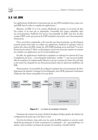 16 Chapitre 2. Architecture logicielle
2.5 LE JDK
Les applications Android ne s’exécutent pas sur une JVM standard certes, mais avec
quel JDK faut-il coder et compiler les applications ?
Réponse : le JDK 1.5 et 1.6, comme d’habitude en somme a-t-on envie de dire.
Par contre, il ne faut pas se méprendre, l’ensemble des classes utilisables dans
un environnement Android n’est qu’un sous-ensemble du JDK. Une fois de plus,
comme GWT, seule une portion de l’API standard a été portée vers l’environnement
d’exécution.
Donc, pour bien comprendre, cela veut dire que dans la pratique, un développeur
pourrait penser bien faire en codant son application Android en utilisant toute la
palette des classes du JDK comme les API JAXB (package javax.xml.bind.*) ou Java
Swing (javax.swing.*). Mais, ce développeur aurait une mauvaise surprise en tentant
de compiler son application, car il n’y parviendrait pas !
En effet, les applications Android se compilent en utilisant les options de Cross-
Compilation de javac « -bootclasspath android.jar –extdirs ""» qui ont pour double
effet de remplacer la traditionnelle librairie rt.jar qui contient les classes Java de base
et de retirer du classpath les jar d’extensions placés dans le répertoire jre/lib/ext du
JDK.
Heureusement, il est possible de configurer la plupart des environnements de déve-
loppement de manière à changer le bootclasspath, ainsi l’IDE prémunira l’utilisateur
d’importer des classes auxquelles il n’a pas droit.
Source
Java
.java
Bytecode
JVM
.class
java dex
Binaire
Dalvik
.dex
VM
Dalvik
Core Libraries
Figure 2.1 — La chaîne de compilation d’Android
L’assistant de création de projet Android du plug-in Eclipse génère des fichiers de
configuration de projet qui vont dans ce sens.
Une fois les fichiers .class créés avec les outils du JDK standard, ce sont les outils
Android qui prennent le relais notamment la commande « dx » qui transforme ces
mêmes .class en fichier au format dex propre à la machine virtuelle Dalvik.
 