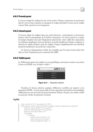 4.4 Les layouts 71
4.4.2 FrameLayout
Ce layout empile les widgets les uns sur les autres. Chaque composant est positionné
dans le coin en haut à gauche en masquant le widget précédent à moins que le widget
venant d’être ajouté ne soit transparent.
4.4.3 LinearLayout
Ce layout aligne les widgets dans une seule direction : verticalement ou horizonta-
lement selon le paramétrage de l’attribut orientation. Ce layout prend en compte
les marges (magins) ainsi que l’alignement (gravity left, center, right) des composants.
Les éléments graphiques peuvent déclarer un poids (weight) qui indique comment se
répartira le surplus d’espace entre les widgets, l’espace supplémentaire sera distribué
proportionnellement aux poids des composants.
Ce layout est fréquemment utilisé, les exemples que l’on peut trouver plus loin
dans ce livre l’exploitent pour construire leur IHM.
4.4.4 TableLayout
Le TableLayout agence les widgets sur un quadrillage exactement comme on pourrait
le faire en HTML avec la balise <table> :
Figure 4.21 — Disposition tabulaire
Toutefois, le layout présente quelques différences notables par rapport à son
équivalent HTML : il n’est pas possible de faire apparaître les bordures du quadrillage,
TableLayout ne sert qu’à faire du positionnement d’objets. De plus, une même cellule
ne peut pas s’étaler sur plusieurs colonnes.
TagXML
<?xml version="1.0" encoding="utf-8"?>
<TableLayout xmlns:android="http://schemas.android.com/apk/res/android"
android:layout_width="fill_parent"
android:layout_height="fill_parent"
android:stretchColumns="1">
<TableRow>
<TextView
android:text="Coord 0.0"
android:gravity="center"
android:padding="3dip" />
 