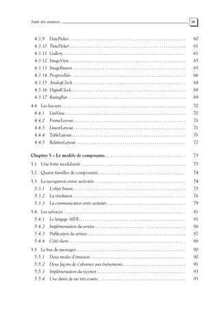 Table des matières IX
4.3.9 DatePicker. . . . . . . . . . . . . . . . . . . . . . . . . . . . . . . . . . . . . . . . . . . . . . . . . . . . . . . . . . 60
4.3.10 TimePicker. . . . . . . . . . . . . . . . . . . . . . . . . . . . . . . . . . . . . . . . . . . . . . . . . . . . . . . . . . 61
4.3.11 Gallery . . . . . . . . . . . . . . . . . . . . . . . . . . . . . . . . . . . . . . . . . . . . . . . . . . . . . . . . . . . . . 61
4.3.12 ImageView. . . . . . . . . . . . . . . . . . . . . . . . . . . . . . . . . . . . . . . . . . . . . . . . . . . . . . . . . . 65
4.3.13 ImageButton . . . . . . . . . . . . . . . . . . . . . . . . . . . . . . . . . . . . . . . . . . . . . . . . . . . . . . . . 65
4.3.14 ProgressBar . . . . . . . . . . . . . . . . . . . . . . . . . . . . . . . . . . . . . . . . . . . . . . . . . . . . . . . . . 66
4.3.15 AnalogClock . . . . . . . . . . . . . . . . . . . . . . . . . . . . . . . . . . . . . . . . . . . . . . . . . . . . . . . . 68
4.3.16 DigitalClock. . . . . . . . . . . . . . . . . . . . . . . . . . . . . . . . . . . . . . . . . . . . . . . . . . . . . . . . . 68
4.3.17 RatingBar. . . . . . . . . . . . . . . . . . . . . . . . . . . . . . . . . . . . . . . . . . . . . . . . . . . . . . . . . . . 69
4.4 Les layouts. . . . . . . . . . . . . . . . . . . . . . . . . . . . . . . . . . . . . . . . . . . . . . . . . . . . . . . . . . . . . . 70
4.4.1 ListView. . . . . . . . . . . . . . . . . . . . . . . . . . . . . . . . . . . . . . . . . . . . . . . . . . . . . . . . . . . . 70
4.4.2 FrameLayout. . . . . . . . . . . . . . . . . . . . . . . . . . . . . . . . . . . . . . . . . . . . . . . . . . . . . . . . 71
4.4.3 LinearLayout. . . . . . . . . . . . . . . . . . . . . . . . . . . . . . . . . . . . . . . . . . . . . . . . . . . . . . . . 71
4.4.4 TableLayout. . . . . . . . . . . . . . . . . . . . . . . . . . . . . . . . . . . . . . . . . . . . . . . . . . . . . . . . . 71
4.4.5 RelativeLayout . . . . . . . . . . . . . . . . . . . . . . . . . . . . . . . . . . . . . . . . . . . . . . . . . . . . . . 72
Chapitre 5 – Le modèle de composants . . . . . . . . . . . . . . . . . . . . . . . . . . . . . . . . . . . . . . . . 73
5.1 Une forte modularité . . . . . . . . . . . . . . . . . . . . . . . . . . . . . . . . . . . . . . . . . . . . . . . . . . . . 73
5.2 Quatre familles de composants . . . . . . . . . . . . . . . . . . . . . . . . . . . . . . . . . . . . . . . . . . . 74
5.3 La navigation entre activités . . . . . . . . . . . . . . . . . . . . . . . . . . . . . . . . . . . . . . . . . . . . . 74
5.3.1 L’objet Intent. . . . . . . . . . . . . . . . . . . . . . . . . . . . . . . . . . . . . . . . . . . . . . . . . . . . . . . . 75
5.3.2 La résolution . . . . . . . . . . . . . . . . . . . . . . . . . . . . . . . . . . . . . . . . . . . . . . . . . . . . . . . . 76
5.3.3 La communication entre activités . . . . . . . . . . . . . . . . . . . . . . . . . . . . . . . . . . . . . . . 79
5.4 Les services . . . . . . . . . . . . . . . . . . . . . . . . . . . . . . . . . . . . . . . . . . . . . . . . . . . . . . . . . . . . . 81
5.4.1 Le langage AIDL . . . . . . . . . . . . . . . . . . . . . . . . . . . . . . . . . . . . . . . . . . . . . . . . . . . . 81
5.4.2 Implémentation du service . . . . . . . . . . . . . . . . . . . . . . . . . . . . . . . . . . . . . . . . . . . . . 86
5.4.3 Publication du service. . . . . . . . . . . . . . . . . . . . . . . . . . . . . . . . . . . . . . . . . . . . . . . . . 87
5.4.4 Côté client . . . . . . . . . . . . . . . . . . . . . . . . . . . . . . . . . . . . . . . . . . . . . . . . . . . . . . . . . . 88
5.5 Le bus de messages . . . . . . . . . . . . . . . . . . . . . . . . . . . . . . . . . . . . . . . . . . . . . . . . . . . . . . 90
5.5.1 Deux modes d’émission . . . . . . . . . . . . . . . . . . . . . . . . . . . . . . . . . . . . . . . . . . . . . . . 90
5.5.2 Deux façons de s’abonner aux événements . . . . . . . . . . . . . . . . . . . . . . . . . . . . . . . 91
5.5.3 Implémentation du receiver . . . . . . . . . . . . . . . . . . . . . . . . . . . . . . . . . . . . . . . . . . . . 93
5.5.4 Une durée de vie très courte . . . . . . . . . . . . . . . . . . . . . . . . . . . . . . . . . . . . . . . . . . . 95
 