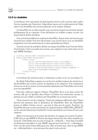 76 Chapitre 5. Le modèle de composants
5.3.2 La résolution
La résolution est le mécanisme de détermination de la ou des activités aptes à gérer
l’action exprimée par l’intention. L’algorithme repose sur la confrontation de l’objet
Intent et les IntentFilter des activités présentes sur le système Android.
Un IntentFilter est un objet rattaché à une activité par lequel cette dernière informe
publiquement de ses capacités. Cette déclaration est réalisée comme on peut s’en
douter dans le fichier manifeste.
Une activité peut définir un ou plusieurs IntentFilter, chacun étant une fonction que
l’activité peut remplir. Pour être sélectionnée, une activité devra avoir un IntentFilter
remplissant à lui seul entièrement le contrat matérialisé par l’Intent.
L’extrait suivant du manifeste déclare un unique IntentFilter pour l’activité Intent-
TesterActivity. Celui-ci possède trois actions, une catégorie et une entrée data avec le
type MIME d’indiqué :
<activity android:name=".IntentTesterActivity"
android:label="@string/app_name">
<intent-filter>
<action android:name="android.intent.action.MAIN" />
<action android:name="android.intent.action.VIEW"/>
<action android:name="android.intent.action.DELETE"/>
<category android:name="android.intent.category.LAUNCHER" />
<data android:mimeType="vidéo/mpeg"/>
</intent-filter>
</activity>
La résolution des intentions peut se schématiser comme on le voit sur la figure 5.1.
En détail, l’algorithme compare un à un les trois attributs majeurs des intentions et
des IntentFilters que sont les actions, les data/type et les catégories. Si la comparaison
échoue sur un de ces points, la fonctionnalité représentée par l’IntentFilter sera écartée
pour incompatibilité.
Pour être valide par rapport à l’Intent, l’IntentFilter devra avoir dans sa liste des
actions celle qui est spécifiée dans l’Intent. Si l’Intent n’en mentionne aucune, ce
premier test sera validé à condition que l’IntentFilter ait au moins une action.
Vient ensuite le test des catégories. Toutes les catégories référencées dans l’Intent
devront être présentes dans la déclaration de l’IntentFilter. Bien sûr, l’IntentFilter
pourra en définir d’autres encore ; qui peut le plus peut le moins. Toutefois, les
IntentFilter devront en plus mentionner la catégorie Intent.CATEGORY_DEFAULT
car les activités lancées par la méthode Context.startActivity sont tenues d’avoir cette
catégorie.
Enfin, le test portera sur la nature des données. La logique est toujours la même :
l’URI et/ou le type MIME de l’Intent doit figurer dans la liste des objets traitables par
l’activité. L’IntentFilter peut recourir à l’usage de « wildcards ». Ainsi dans l’exemple
de déclaration précédent, le type MIME supporté par l’activité est « vidéo/mpeg ».
Cela veut dire qu’un Intent référençant une vidéo au format mov, dont le type MIME
est « vidéo/quicktime » ne pourra pas être passé à cette activité.
 