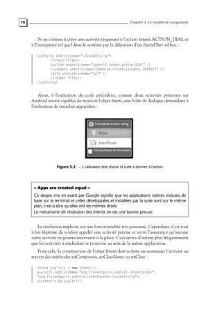 78 Chapitre 5. Le modèle de composants
Si on s’amuse à créer une activité réagissant à l’action Intent.ACTION_DIAL et
à l’enregistrer tel quel dans le système par la définition d’un IntentFilter ad hoc :
<activity android:name=".FakeActivity">
<intent-filter>
<action android:name="android.intent.action.DIAL" />
<category android:name="android.intent.category.DEFAULT" />
<data android:scheme="tel" />
</intent-filter>
</activity>
Alors, à l’exécution du code précédent, comme deux activités présentes sur
Android seront capables de recevoir l’objet Intent, une boîte de dialogue demandant à
l’utilisateur de trancher apparaîtra :
Figure 5.2 — L’utilisateur doit choisir la suite à donner à l’action
« Apps are created equal »
Ce slogan mis en avant par Google signifie que les applications natives incluses de
base sur le terminal et celles développées et installées par la suite sont sur le même
plan, c’est-à-dire qu’elles ont les mêmes droits.
Le mécanisme de résolution des Intents en est une bonne preuve.
La résolution implicite est une fonctionnalité très puissante. Cependant, il est tout
à fait légitime de vouloir appeler une activité précise et avoir l’assurance qu’aucune
autre activité ne pourra intervenir à la place. Ceci arrive d’autant plus fréquemment
que les activités à enchaîner se trouvent au sein de la même application.
Pour cela, la construction de l’objet Intent doit se faire en nommant l’activité au
travers des méthodes setComponent, setClassName ou setClass :
Intent explicit = new Intent();
explicit.setClassName("org.florentgarin.android.intenttester",
"org.florentgarin.android.intenttester.FakeActivity");
startActivity(explicit);
 