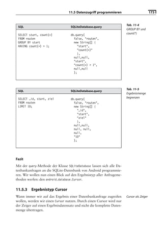 11.5 Datenzugriff programmieren                           173


                                                                        Tab. 11-4
 SQL                               SQLiteDatabase.query
                                                                        GROUP BY und
 SELECT start, count(*)            db.query(                            count(*)
 FROM routen                         false, "routen",
 GROUP BY start                      new String[] {
 HAVING count(*) > 1;                   "start",
                                        "count(*)"
                                        },
                                     null,null,
                                     "start",
                                     "count(*) > 1",
                                     null,null
                                     );




                                                                        Tab. 11-5
 SQL                               SQLiteDatabase.query
                                                                        Ergebnismenge
 SELECT _id, start, ziel           db.query(                            begrenzen
 FROM routen                         false, "routen",
 LIMIT 10;                           new String[] {
                                        "_id",
                                        "start",
                                        "ziel"
                                        },
                                     null,null,
                                     null, null,
                                     null,
                                     "10"
                                     );




Fazit
Mit der query-Methode der Klasse SQLiteDatabase lassen sich alle Da-
tenbankanfragen an die SQLite-Datenbank von Android programmie-
ren. Wir wollen nun einen Blick auf den Ergebnistyp aller Anfrageme-
thoden werfen: den android.database.Cursor.

11.5.3    Ergebnistyp Cursor
Wann immer wir auf das Ergebnis einer Datenbankanfrage zugreifen        Cursor als Zeiger
wollen, werden wir einen Cursor nutzen. Durch einen Cursor wird nur
der Zeiger auf einen Ergebnisdatensatz und nicht die komplette Daten-
menge übertragen.
 