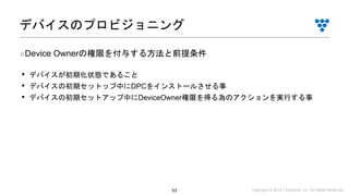 Copyright © 2019 i³ Systems, Inc. All Rights Reserved.53
■Device Ownerの権限を付与する方法と前提条件
• デバイスが初期化状態であること
• デバイスの初期セットップ中にDPCをインストールさせる事
• デバイスの初期セットアップ中にDeviceOwner権限を得る為のアクションを実行する事
デバイスのプロビジョニング
 